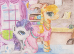 Size: 1335x969 | Tagged: safe, artist:rinioshi, character:applejack, character:rarity, species:earth pony, species:pony, species:unicorn, carousel boutique, clothing, dress, duo, female, grin, levitation, magic, makeover, mare, smiling, telekinesis, traditional art, window