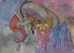 Size: 1000x711 | Tagged: safe, artist:rinioshi, character:discord, character:fluttershy, species:draconequus, species:pony, dead, decapitated, female, floral head wreath, flower, implied murder, male, mare, severed head, solo, traditional art