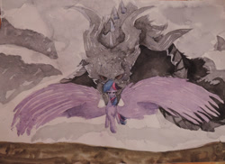 Size: 1000x727 | Tagged: safe, artist:rinioshi, character:twilight sparkle, character:twilight sparkle (alicorn), species:alicorn, species:dragon, species:pony, big wings, female, looking at you, mare, skyrim, the elder scrolls, traditional art, wings