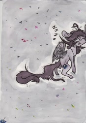 Size: 1000x1428 | Tagged: safe, artist:rinioshi, oc, oc only, species:pegasus, species:pony, bipedal, female, mare, open mouth, sleeping, sleepwalking, solo, traditional art, zzz