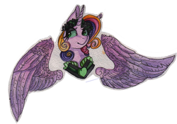 Size: 800x559 | Tagged: safe, artist:rinioshi, character:princess cadance, character:queen chrysalis, species:alicorn, species:pony, bust, fake cadance, female, floral head wreath, flower, mare, portrait, solo, traditional art, wings