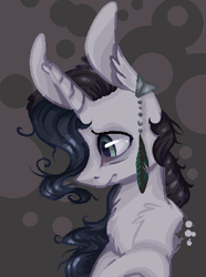 Size: 690x929 | Tagged: safe, artist:rinioshi, oc, oc only, species:pony, species:unicorn, bags under eyes, bust, chest fluff, ear fluff, feather, female, hair over one eye, looking down, mare, portrait, solo