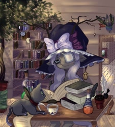 Size: 1024x1134 | Tagged: safe, artist:rinioshi, oc, oc only, species:pony, book, bookshelf, bottle, cat, clothing, cup, eyepatch, female, hat, mare, potion, reading, solo, tree, witch hat