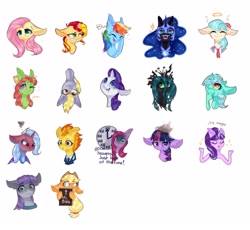 Size: 2500x2300 | Tagged: safe, artist:rinioshi, character:applejack, character:coco pommel, character:derpy hooves, character:fluttershy, character:lyra heartstrings, character:maud pie, character:nightmare moon, character:pinkamena diane pie, character:pinkie pie, character:princess luna, character:queen chrysalis, character:rainbow dash, character:rarity, character:spitfire, character:starlight glimmer, character:sunset shimmer, character:tree hugger, character:trixie, character:twilight sparkle, species:pony, bible, big ears, bust, clock, female, good heavens look at the time, halo, it's high noon, mare, meme, one eye closed, portrait, suddenly hands, upside down, wink