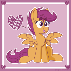 Size: 2800x2800 | Tagged: safe, artist:pink-pone, character:scootaloo, species:pegasus, species:pony, chest fluff, female, filly, heart, high res, silly, silly pony, sitting, solo, tongue out
