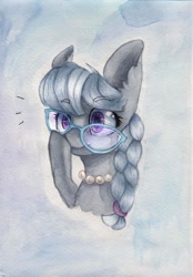 Size: 900x1295 | Tagged: safe, artist:rinioshi, character:silver spoon, species:earth pony, species:pony, braid, bust, ear fluff, female, filly, glasses, jewelry, necklace, portrait, solo, traditional art