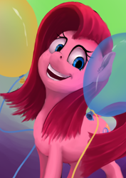 Size: 1024x1448 | Tagged: safe, artist:xormak, character:pinkamena diane pie, character:pinkie pie, species:earth pony, species:pony, balloon, creepy, creepy smile, female, mare, open mouth, smiling, solo