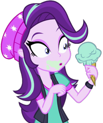 Size: 1729x2048 | Tagged: safe, artist:thebarsection, character:starlight glimmer, equestria girls:mirror magic, g4, my little pony: equestria girls, my little pony:equestria girls, spoiler:eqg specials, beanie, clothing, dessert, female, food, hat, ice cream, ice cream cone, open mouth, simple background, solo, transparent background, vector, vest