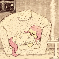 Size: 1559x1559 | Tagged: safe, artist:sigpi, character:fluttershy, species:pegasus, species:pony, blanket, chair, chocolate, comfy, couch, cozy, cute, eyes closed, female, food, hot chocolate, mare, night, shyabetes, sleeping, solo, window