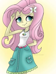 Size: 1024x1365 | Tagged: safe, artist:lavenderrain24, character:fluttershy, equestria girls:legend of everfree, g4, my little pony: equestria girls, my little pony:equestria girls, belt, camp everfree outfits, clothing, female, hand behind back, skirt, smiling, solo, tank top, watermark