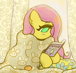 Size: 2000x1928 | Tagged: safe, artist:sigpi, character:fluttershy, species:pegasus, species:pony, blanket, book, cozy, cute, female, hoof hold, mare, reading, shyabetes, solo