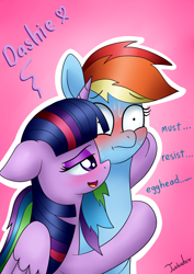 Size: 2480x3507 | Tagged: safe, artist:twidasher, character:rainbow dash, character:twilight sparkle, character:twilight sparkle (alicorn), species:alicorn, species:pegasus, species:pony, ship:twidash, bedroom eyes, blushing, dialogue, duo, female, lesbian, mare, open mouth, shipping