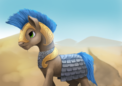 Size: 1024x724 | Tagged: safe, artist:xormak, oc, oc only, species:earth pony, species:pony, armor, chainmail, desert, male, royal guard, scenery, solo, stallion, walking