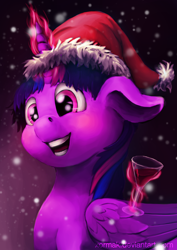 Size: 1280x1811 | Tagged: safe, artist:xormak, character:twilight sparkle, character:twilight sparkle (alicorn), species:alicorn, species:pony, christmas, clothing, cocktail glass, female, glass, glowing horn, hat, holiday, magic, mare, open mouth, santa hat, snow, snowfall, solo, telekinesis