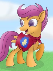 Size: 1024x1365 | Tagged: safe, artist:lavenderrain24, character:scootaloo, species:pegasus, species:pony, cape, clothing, cloud, cmc cape, female, filly, looking back, raised hoof, sky, smiling, solo, watermark