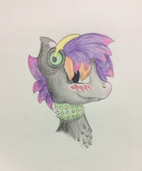 Size: 1060x1280 | Tagged: safe, artist:andandampersand, oc, oc only, oc:claudia, species:bat pony, blushing, bust, chest fluff, collar, fangs, headphones, portrait, spiked collar, traditional art