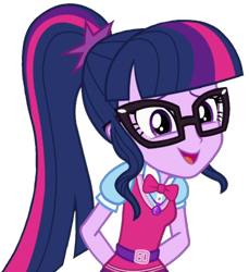 Size: 586x640 | Tagged: safe, artist:thebarsection, character:twilight sparkle, character:twilight sparkle (scitwi), species:eqg human, my little pony:equestria girls, spoiler:eqg specials, belt, bow tie, cute, female, giggling, glasses, hands behind back, not a vector, ponytail, simple background, solo, transparent background, twiabetes
