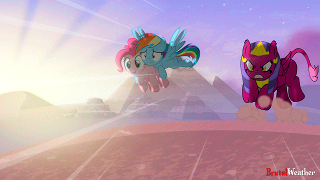 Size: 640x360 | Tagged: safe, artist:brutalweather studio, character:pinkie pie, character:rainbow dash, character:sphinx, species:earth pony, species:pegasus, species:pony, species:sphinx, episode:daring done, angry, animated, chase, cute, desert, diapinkes, egypt, egyptian, female, flying, happy, i can't believe it's not hasbro studios, lens flare, mare, pyramid, running, shocked, show accurate, worried