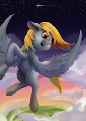 Size: 1024x1448 | Tagged: safe, artist:xormak, character:derpy hooves, species:pegasus, species:pony, cloud, female, flying, mare, smiling, solo