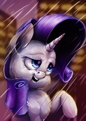 Size: 1024x1448 | Tagged: safe, artist:xormak, character:rarity, species:pony, species:unicorn, female, mare, nightmare fuel, rain, smiling, solo, uncanny valley