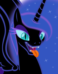 Size: 5144x6538 | Tagged: safe, alternate version, artist:emu34b, derpibooru original, character:nightmare moon, character:princess luna, species:alicorn, species:pony, absurd resolution, bioluminescent, drool, female, kitchen eyes, mare, mawshot, missing accessory, open mouth, sharp teeth, simple background, solo, teeth, tongue out, transparent background, vector