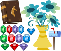 Size: 5000x4148 | Tagged: safe, artist:zutheskunk traces, episode:friendship is magic, g4, my little pony: friendship is magic, absurd resolution, book, book of harmony, flower, flower pot, gem, mailbox, no pony, resource, simple background, transparent background, vase, vector