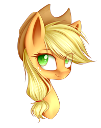 Size: 1600x2019 | Tagged: safe, artist:snowbunny0820, character:applejack, species:earth pony, species:pony, bust, colored pupils, eye clipping through hair, female, lidded eyes, portrait, simple background, smiling, solo, transparent background