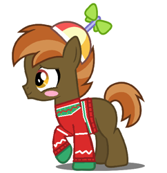 Size: 476x492 | Tagged: safe, artist:drypony198, character:button mash, species:earth pony, species:pony, blush sticker, blushing, buttonbetes, clothing, colt, cute, male, simple background, sweater, white background, winter