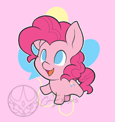 Size: 1000x1063 | Tagged: safe, artist:aeritus, character:pinkie pie, species:earth pony, species:pony, chibi, cute, cutie mark background, diapinkes, female, no pupils, open mouth, smiling, solo
