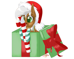 Size: 1003x800 | Tagged: safe, artist:unisoleil, oc, oc only, oc:cassiopeia, species:pegasus, species:pony, box, candy, candy cane, chibi, christmas, clothing, female, food, hat, holiday, mare, pony in a box, present, santa hat, simple background, socks, solo, striped socks, transparent background