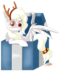 Size: 800x960 | Tagged: safe, artist:unisoleil, oc, oc only, oc:luminous, species:pegasus, species:pony, antlers, box, chibi, female, mare, one eye closed, pony in a box, present, red nose, reindeer antlers, simple background, solo, transparent background, wink