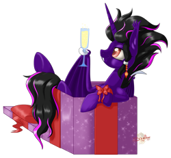 Size: 865x800 | Tagged: safe, artist:unisoleil, oc, oc only, oc:takhisis, species:alicorn, species:bat pony, species:pony, bat pony alicorn, bat pony oc, box, female, glass, mare, pony in a box, present, simple background, solo, transparent background, wing hands