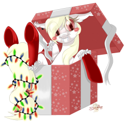 Size: 831x800 | Tagged: safe, artist:unisoleil, oc, oc only, oc:albi light wing, species:bat pony, species:pony, albino, box, christmas, christmas lights, female, holiday, mare, nightpony, pony in a box, simple background, solo, transparent background