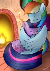 Size: 2480x3507 | Tagged: safe, artist:twidasher, character:rainbow dash, character:twilight sparkle, species:pegasus, species:pony, species:unicorn, ship:twidash, cuddling, female, fireplace, golden oaks library, hug, lesbian, mare, shipping, sleeping, sleeping while sitting, winghug