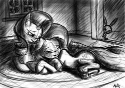 Size: 2829x2000 | Tagged: safe, artist:maneingreen, character:angel bunny, character:fluttershy, character:rarity, species:pony, species:unicorn, ship:rarishy, cuddling, female, fireplace, lesbian, quick draw, shipping, sketch, winter, wip