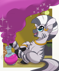 Size: 620x744 | Tagged: safe, artist:itstaylor-made, character:zecora, species:zebra, cute, ear piercing, earring, female, heart eyes, jewelry, missing cutie mark, piercing, potion, smiling, solo, wingding eyes, younger, zecorable