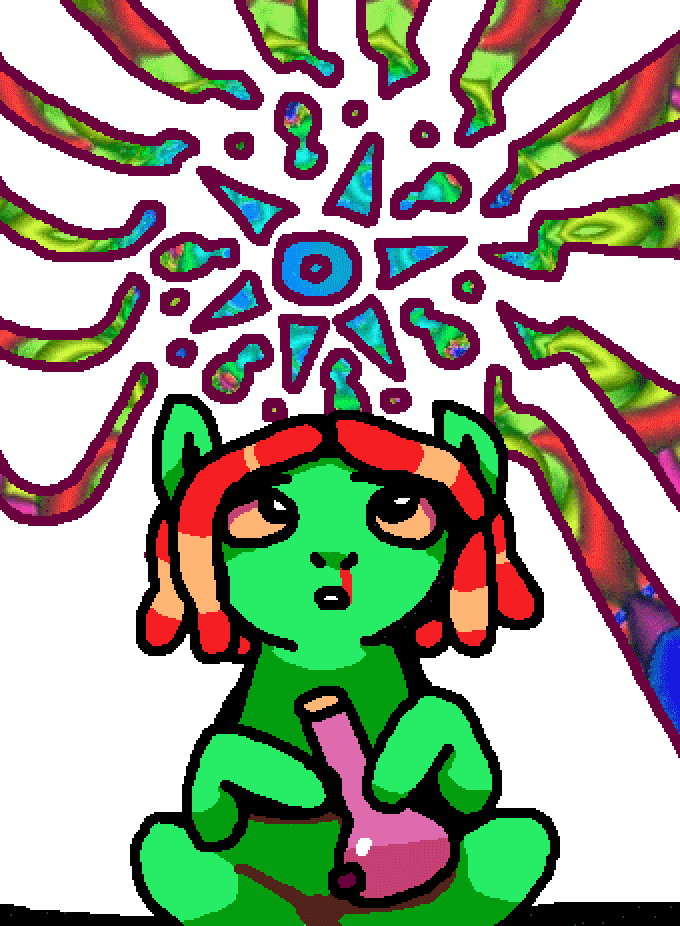Size: 680x926 | Tagged: safe, artist:grinwild, character:tree hugger, species:pony, animated, blood, bloodshot eyes, bong, drugs, female, kaleidoscope, nosebleed, psychedelic, simple background, sitting, solo, trippy