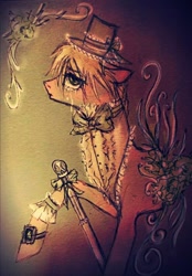 Size: 670x960 | Tagged: safe, artist:vetallie, bow, clothing, fashion, hat, lacy, solo, top hat, traditional art, victorian, walking stick
