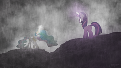 Size: 1920x1080 | Tagged: safe, artist:jamey4, character:princess celestia, character:twilight sparkle, character:twilight sparkle (unicorn), species:alicorn, species:pony, species:unicorn, confrontation, crying, duo, ethereal mane, fanfic, female, fight, magic, mare, plot, rain, series finale, this will end in incineration, twilight is anakin, wallpaper