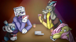 Size: 2095x1174 | Tagged: safe, artist:ggchristian, character:discord, character:fluttershy, species:pony, crossover, cuphead, dice, king dice, mugman, poker