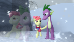 Size: 2000x1125 | Tagged: safe, artist:johnnyxluna, character:apple bloom, character:spike, species:dragon, ship:spikebloom, 3d, adult, applebloom x spike, castle, female, filly, male, older, older apple bloom, older spike, shipping, size difference, snow, spiloom, straight, winter, winter landscape