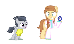 Size: 806x487 | Tagged: safe, artist:drypony198, character:rumble, oc, oc:cream heart, species:earth pony, species:pony, clock, clothing, grin, hoof hold, rick and morty, shirt, simple background, smiling, white background