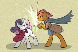 Size: 700x469 | Tagged: safe, artist:jalm, character:babs seed, character:sweetie belle, species:pony, episode:one bad apple, g4, my little pony: friendship is magic, bipedal, clothing, fight, levitation, magic, sword, telekinesis, weapon