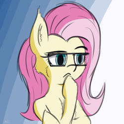 Size: 4000x4000 | Tagged: safe, artist:maneingreen, character:fluttershy, species:pony, bust, female, glasses, hoof on chin, looking at something, portrait, raised eyebrow, serious, serious face, solo, working