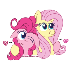 Size: 1000x923 | Tagged: safe, artist:pink-pone, character:fluttershy, character:pinkie pie, species:pony, ship:flutterpie, female, floppy ears, heart, lesbian, shipping, simple background, white background