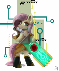Size: 2500x3000 | Tagged: safe, artist:amy-gamy, character:fluttershy, species:pegasus, species:pony, abstract background, bipedal, clothing, cosplay, costume, crossover, female, head turn, hoof hold, looking at you, red (transistor), solo, sword, transistor, weapon