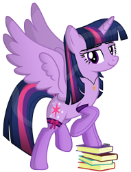 Size: 3400x4450 | Tagged: safe, artist:a4r91n, character:twilight sparkle, character:twilight sparkle (alicorn), species:alicorn, species:pony, g4, alternate hairstyle, book, clothing, eyebrows, female, jewelry, looking at you, mare, necklace, raised hoof, signature, simple background, smug, socks, solo, spread wings, stockings, thigh highs, three quarter view, transparent background, vector, wings
