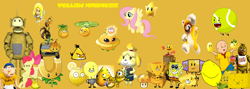 Size: 1856x662 | Tagged: safe, artist:drypony198, character:apple bloom, character:fluttershy, species:pegasus, species:pony, acid lemon, angry birds, banana, banana launcher, battle for dream island, bee movie, beehive, bfdi, boomboxer, caillou, cat mario, cheese, chessy (ii2), chica, chuck, crossover, five nights at freddy's, food, gold leaf, gold magnet, inanimate insanity, isabelle, jeffy, kernel-pult, laa laa, lemon, lightbulb, loquat, loquat (pvz2), luma, masheen (nfm2), mixels, pac-man, pineapple, pineapple (pvz2), plants vs zombies, plants vs zombies 2: it's about time, popcorn, saucer (pvz2), solar tomato, spongebob squarepants, spongy (bfdi), sun bean, sun-shroom, super paper mario, supermariologan, tennis ball, tennis ball (bfdi), teslo, trophy, trophy (ii2), yellow face (bfdi)