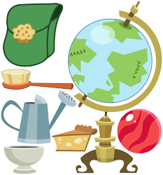 Size: 5594x6000 | Tagged: safe, artist:zutheskunk traces, .svg available, absurd resolution, ball, bowl, bowling ball, brush, cake, cheesecake, clutter, food, globe, hairbrush, muffin, no pony, object, resource, saddle bag, slice of cake, vector, watering can