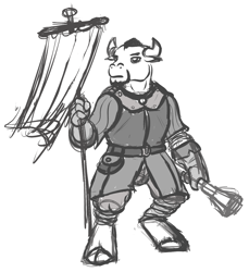 Size: 1150x1254 | Tagged: safe, artist:velgarn, oc, oc only, species:minotaur, armor, concept art, gambeson, mace, male, monochrome, seeds of harmony, sketch, solo, standard bearer, weapon